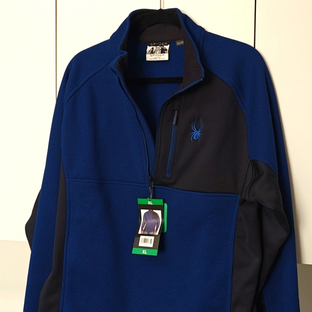 Spyder Mens Jacket XL NWT Blue Black Half Zip w pocket Winter Fleece Style NEW